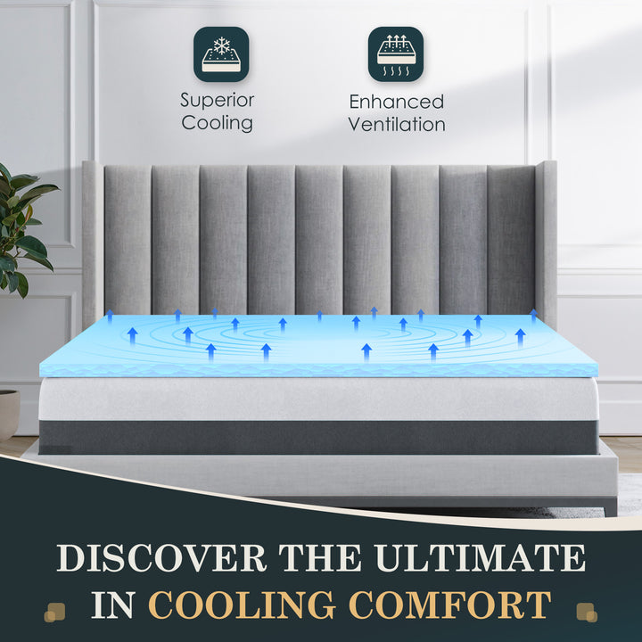 a mattress with a mattress on it with text: 'Superior Enhanced Cooling Ventilation DISCOVER THE ULTIMATE IN COOLING COMFORT'