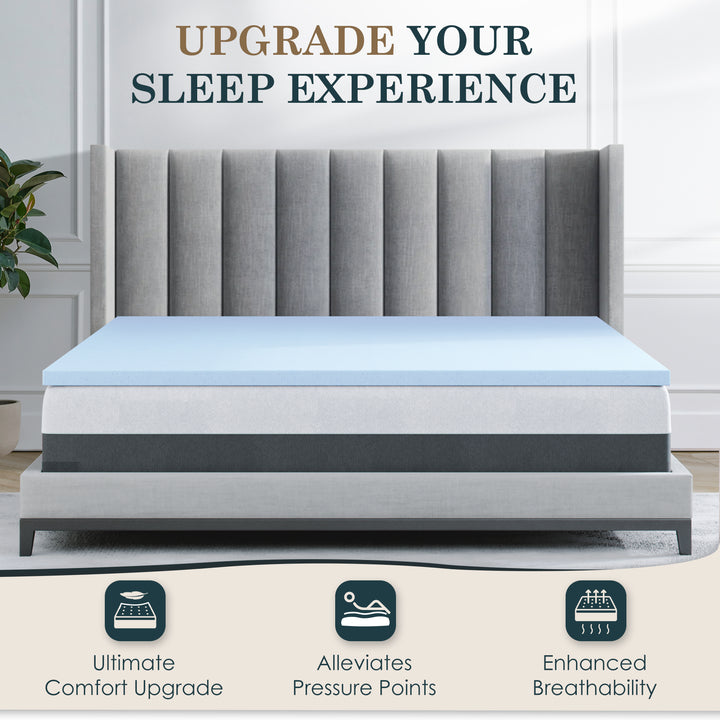 a bed with a mattress with text: 'UPGRADE YOUR SLEEP EXPERIENCE SSSS Ultimate Alleviates Enhanced Comfort Upgrade Pressure Points Breathability'