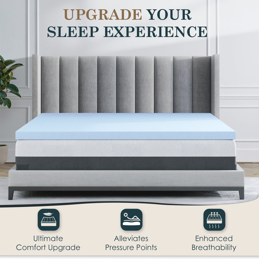 a bed with a mattress with text: 'UPGRADE YOUR SLEEP EXPERIENCE Ultimate Alleviates Enhanced Comfort Upgrade Pressure Points Breathability'