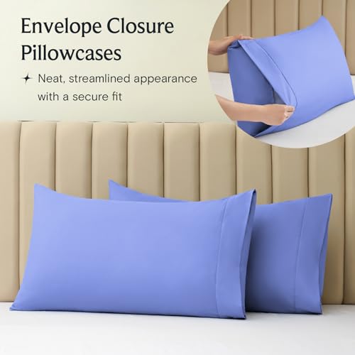 a close-up of a pillow case with text: 'Envelope Closure Pillowcases Neat, streamlined appearance with a secure fit'