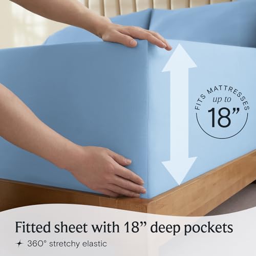 a person holding a mattress with text: 'MATTRESSES up to 18 Fitted sheet with 18" deep pockets 360º stretchy elastic'