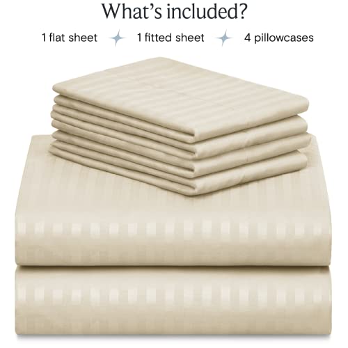 a stack of bed sheets with text: 'What's included? 1 flat sheet 1 fitted sheet 4 pillowcases'