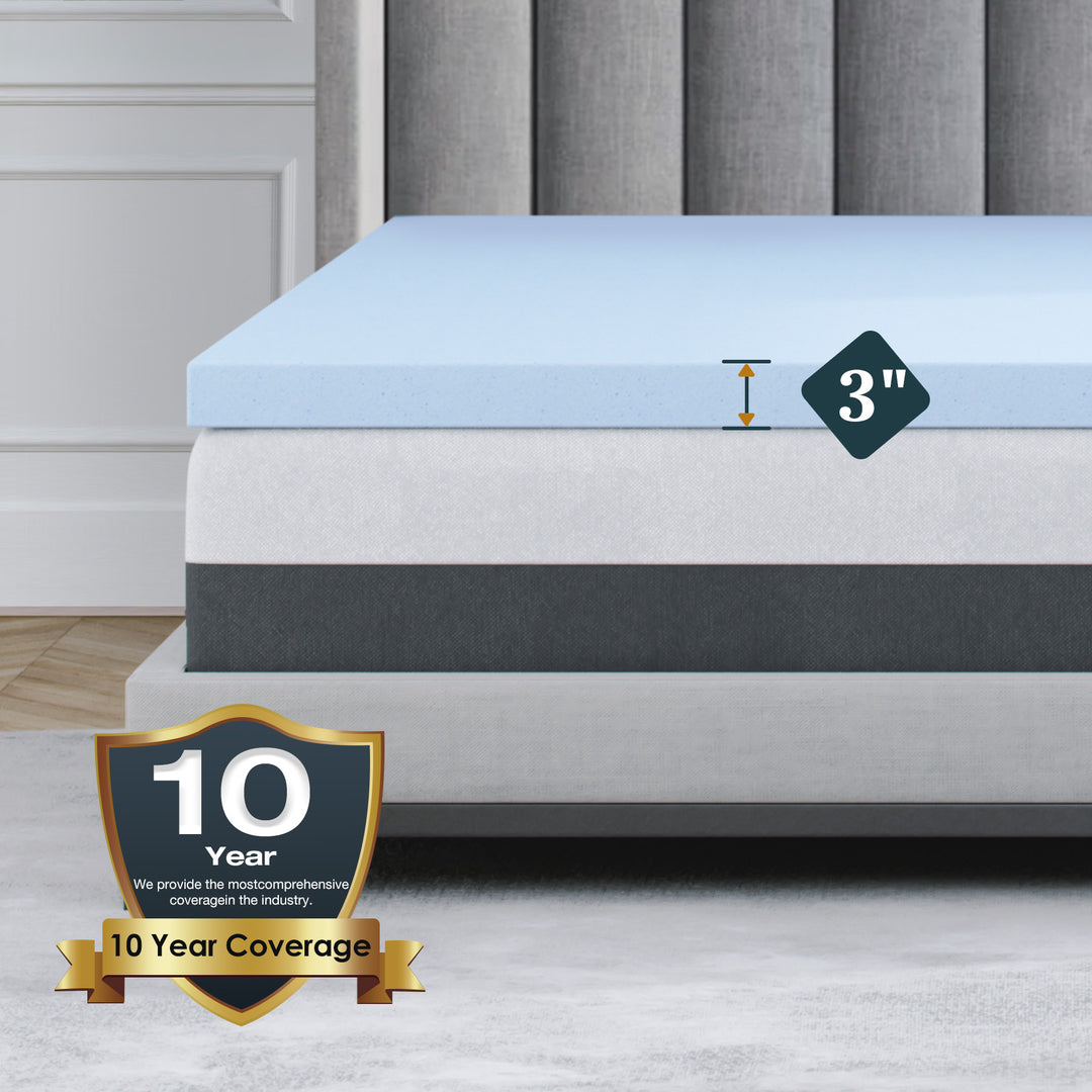 a mattress with a label with text: '10 Year We provide the mostcomprehensive coveragein the industry. 10 Year Coverage'