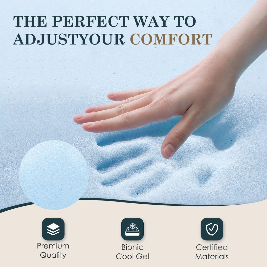 a hand on a bed with text: 'THE PERFECT WAY TO ADJUSTYOUR COMFORT Premium Bionic Certified Quality Cool Gel Materials'