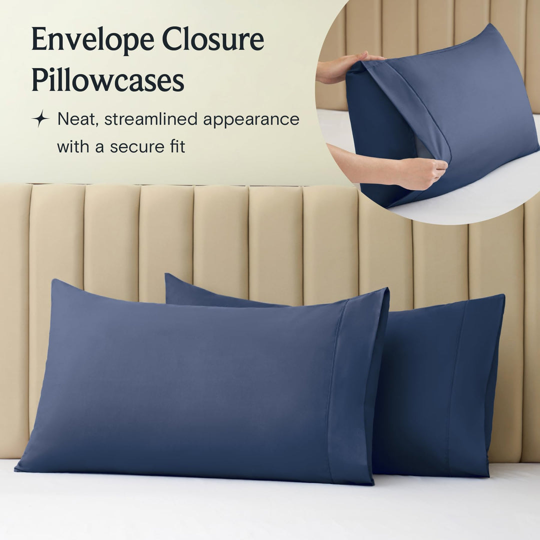 a close-up of a pillow case with text: 'Envelope Closure Pillowcases Neat, streamlined appearance with a secure fit'