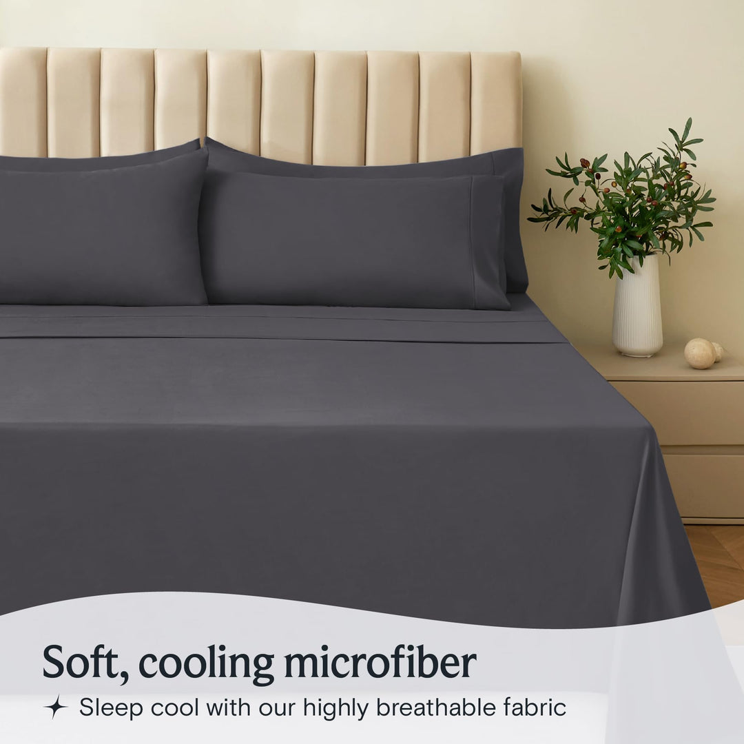 a bed with a plant in a vase with text: 'Soft, cooling microfiber Sleep cool with our highly breathable fabric'