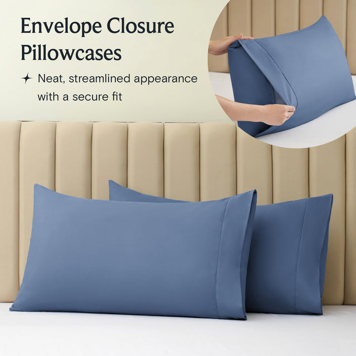 a close-up of a pillow case with text: 'Envelope Closure Pillowcases Neat, streamlined appearance with a secure fit'