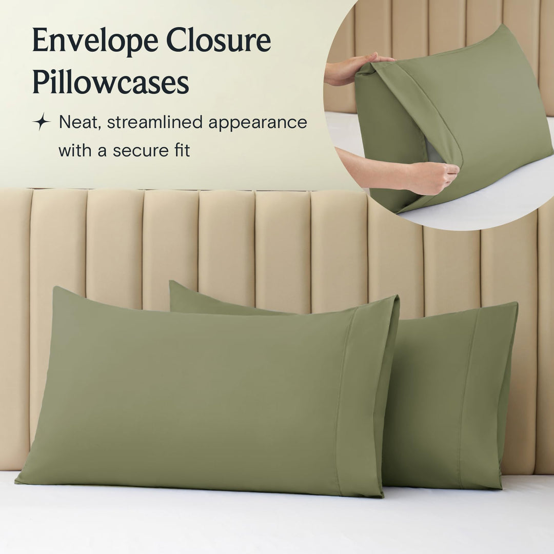 a close-up of a pillow case with text: 'Envelope Closure Pillowcases Neat, streamlined appearance with a secure fit'