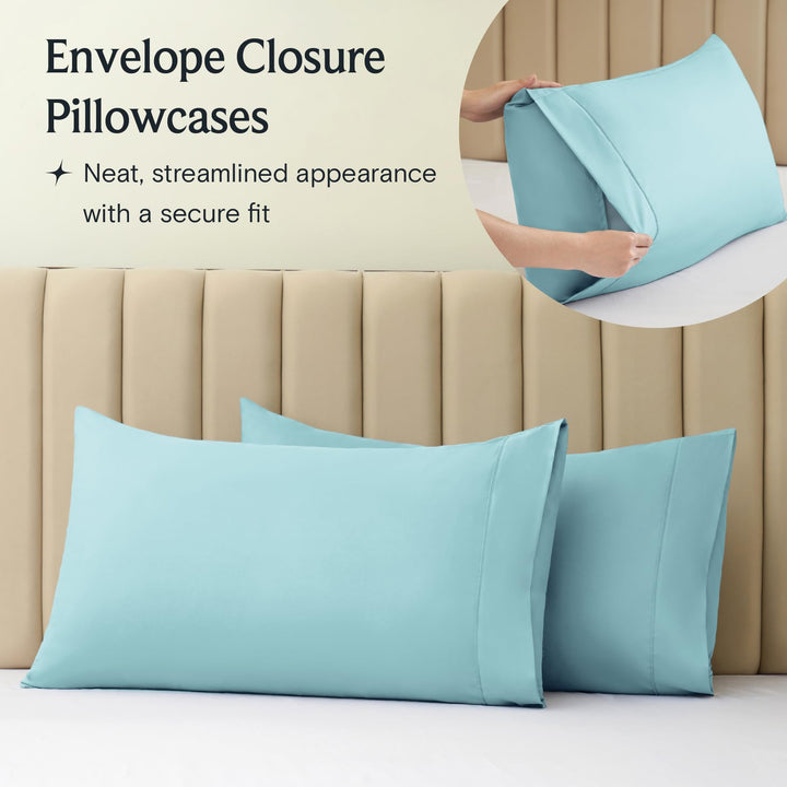 a close-up of a pillow case with text: 'Envelope Closure Pillowcases Neat, streamlined appearance with a secure fit'