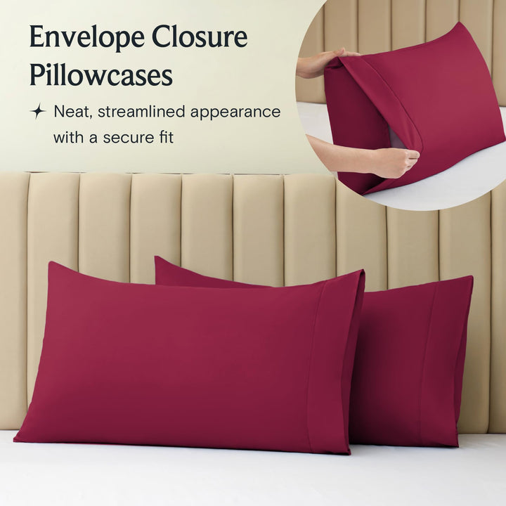 a close-up of a pillow case with text: 'Envelope Closure Pillowcases Neat, streamlined appearance with a secure fit'