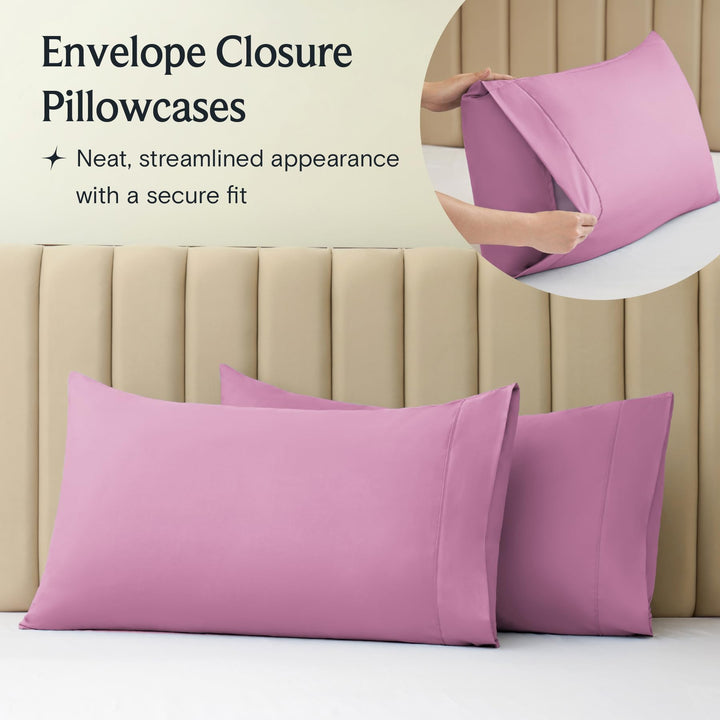 a close-up of a pillow case with text: 'Envelope Closure Pillowcases Neat, streamlined appearance with a secure fit'