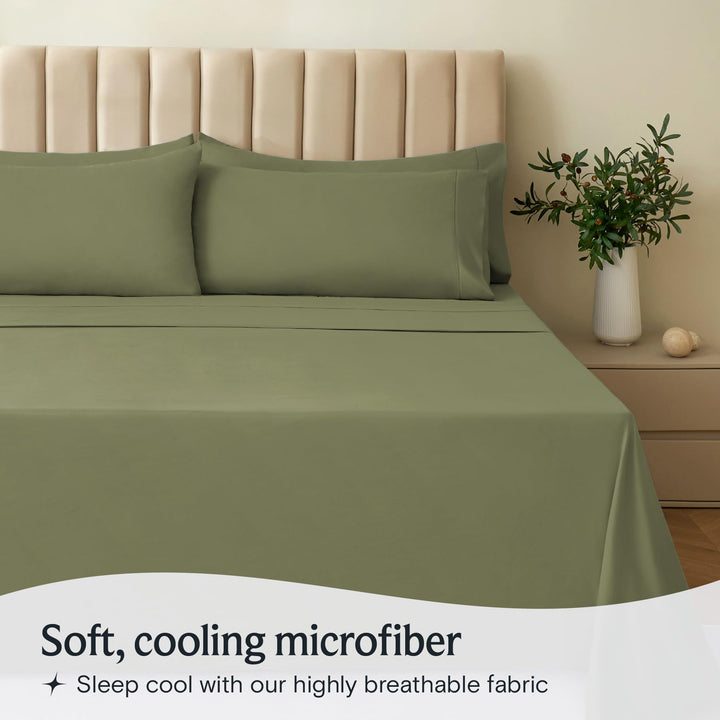 a bed with a plant in a vase with text: 'Soft, cooling microfiber Sleep cool with our highly breathable fabric'