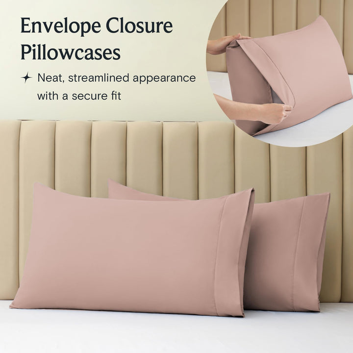 a close-up of a pillow case with text: 'Envelope Closure Pillowcases Neat, streamlined appearance with a secure fit'