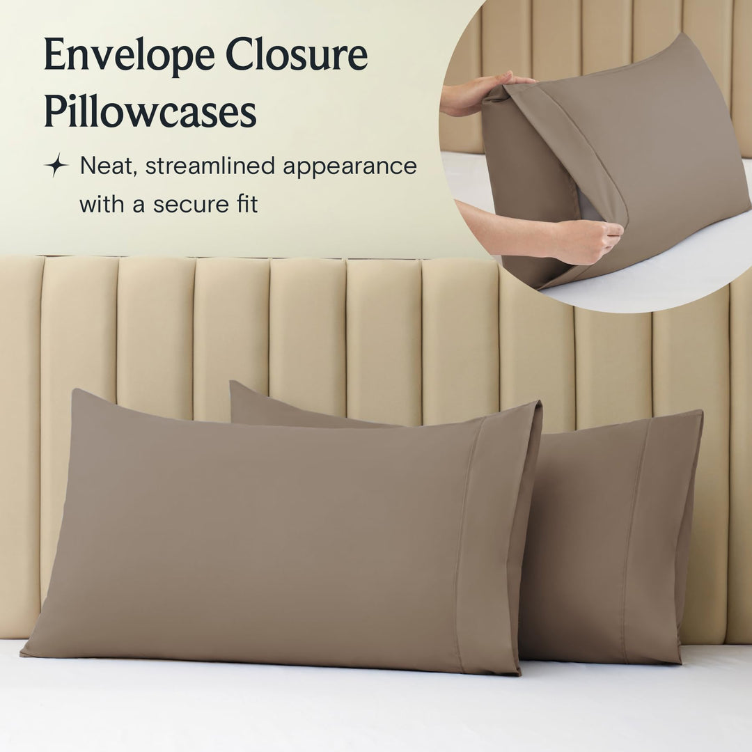 a close-up of a pillow case with text: 'Envelope Closure Pillowcases Neat, streamlined appearance with a secure fit'