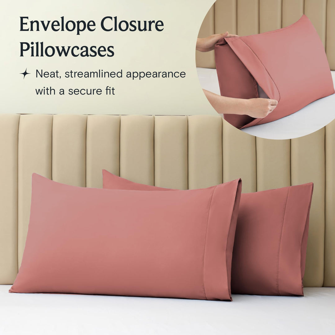 a close-up of a pillow case with text: 'Envelope Closure Pillowcases Neat, streamlined appearance with a secure fit'