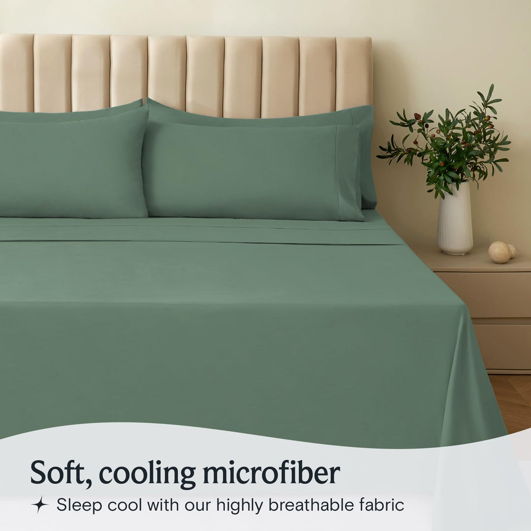 a bed with a plant in a vase with text: 'Soft, cooling microfiber Sleep cool with our highly breathable fabric'