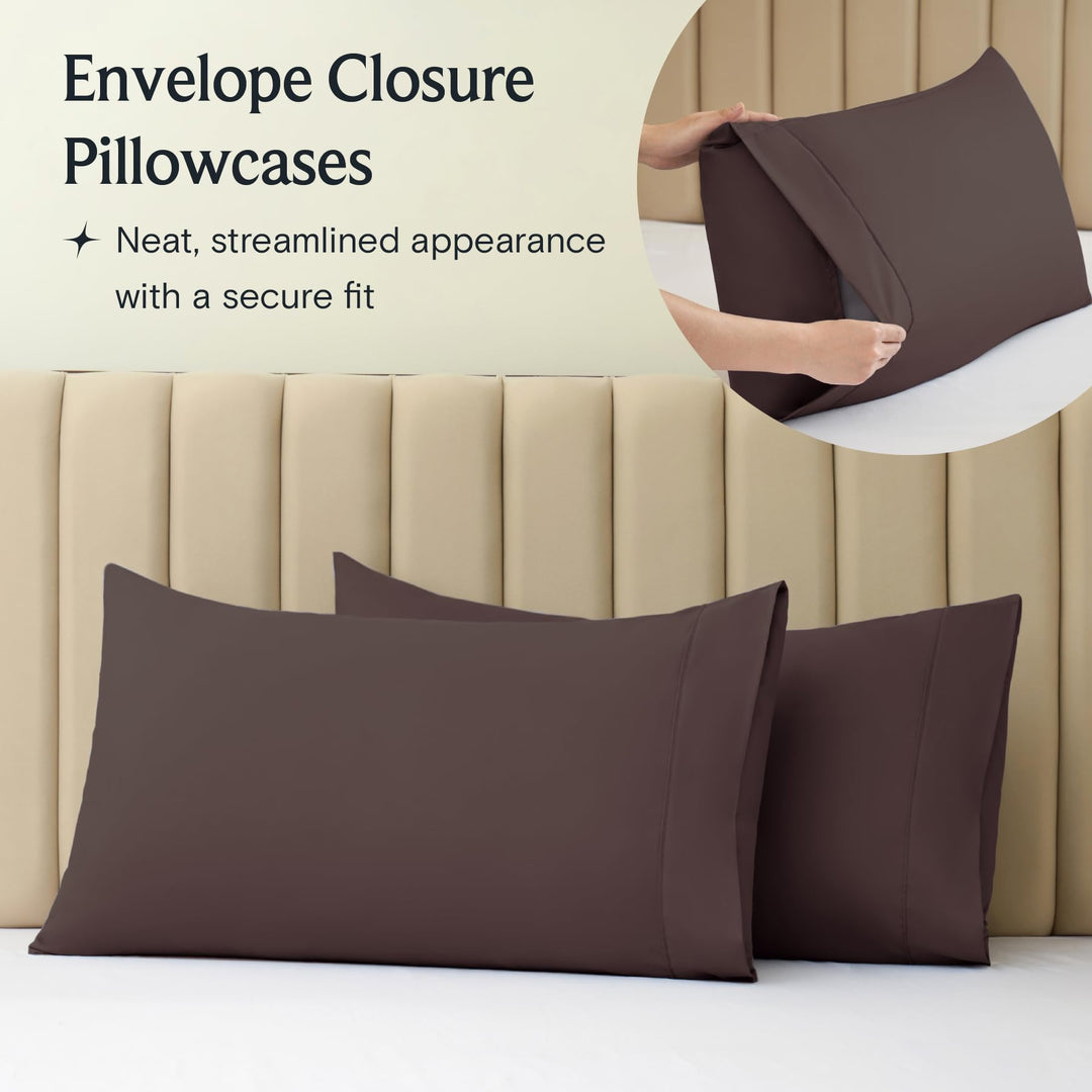 a close-up of a pillow case with text: 'Envelope Closure Pillowcases Neat, streamlined appearance with a secure fit'