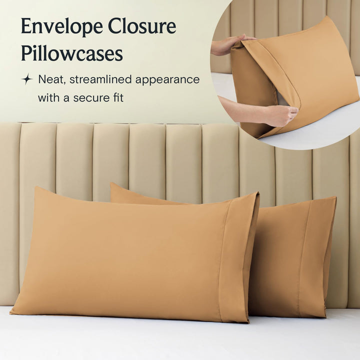 a close-up of a pillow case with text: 'Envelope Closure Pillowcases Neat, streamlined appearance with a secure fit'