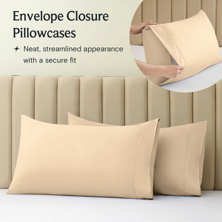 a close-up of a pillow case with text: 'Envelope Closure Pillowcases Neat, streamlined appearance with a secure fit'