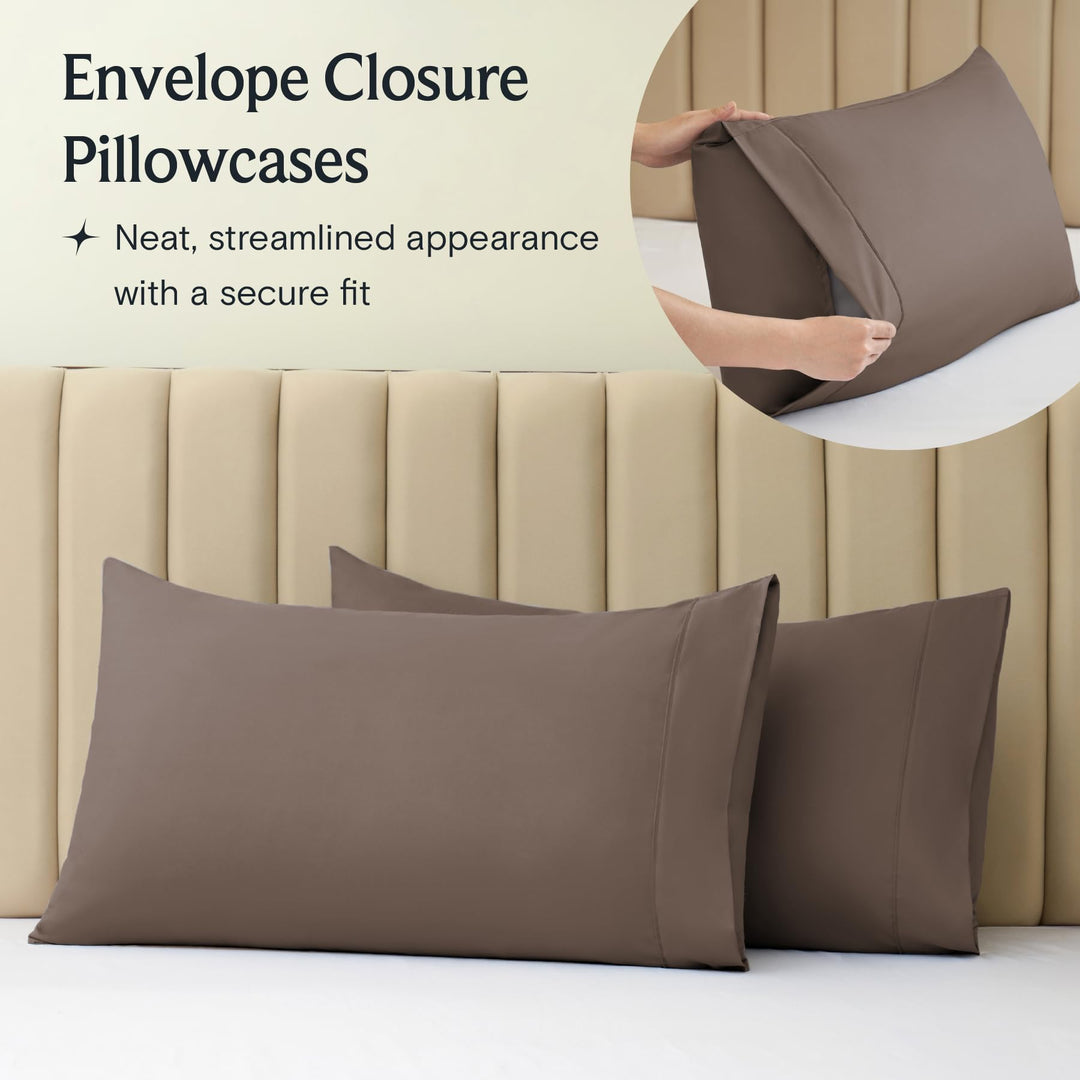 a close-up of a pillow case with text: 'Envelope Closure Pillowcases Neat, streamlined appearance with a secure fit'