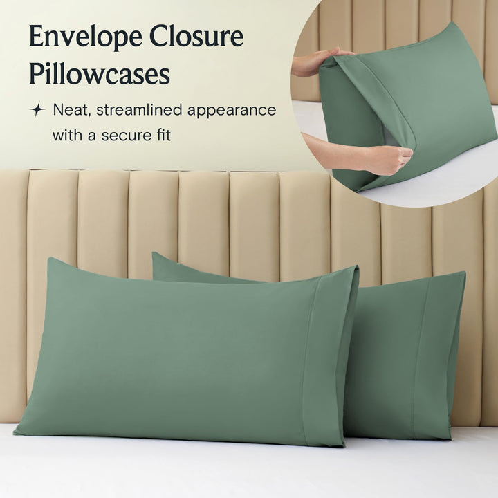 a close-up of a pillow case with text: 'Envelope Closure Pillowcases Neat, streamlined appearance with a secure fit'