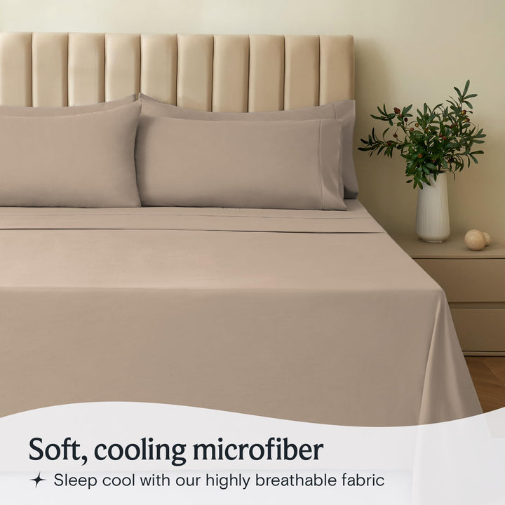 a bed with a plant in a vase with text: 'Soft, cooling microfiber Sleep cool with our highly breathable fabric'