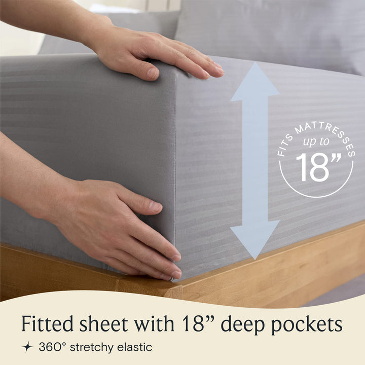 a person holding a mattress with text: 'RESSES FITS M 18' Fitted sheet with 18" deep pockets 360º stretchy elastic'