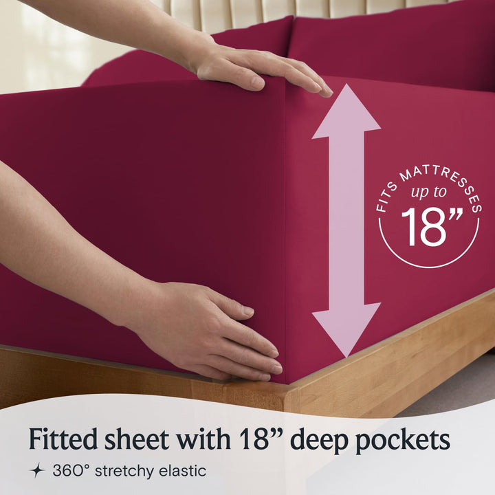 a person holding a mattress with text: 'RESSES up to FITS Fitted sheet with 18" deep pockets 360º stretchy elastic'