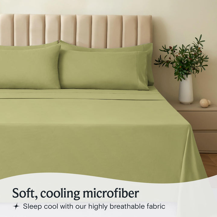 a bed with a plant in a vase with text: 'Soft, cooling microfiber Sleep cool with our highly breathable fabric'