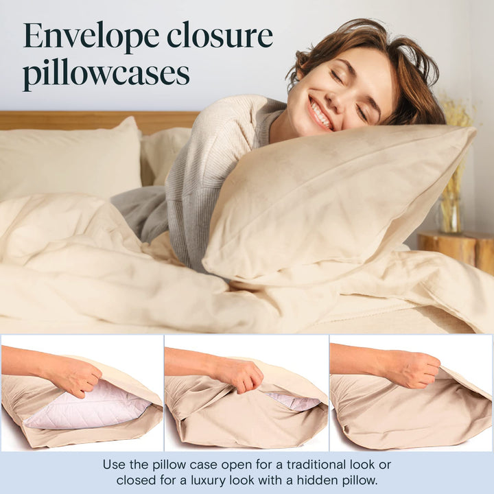 a person lying in bed with a pillow with text: 'Envelope closure pillowcases Use the pillow case open for a traditional look or closed for a luxury look with a hidden pillow.'