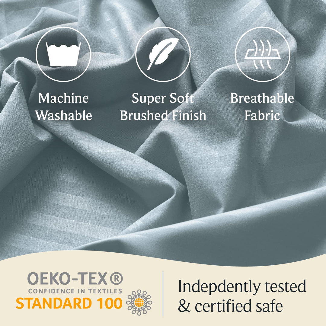 a close up of a fabric with text: 'Machine Super Soft Breathable Washable Brushed Finish Fabric OEKO-TEX Indepdently tested CONFIDENCE IN TEXTILES STANDARD 100 & certified safe'