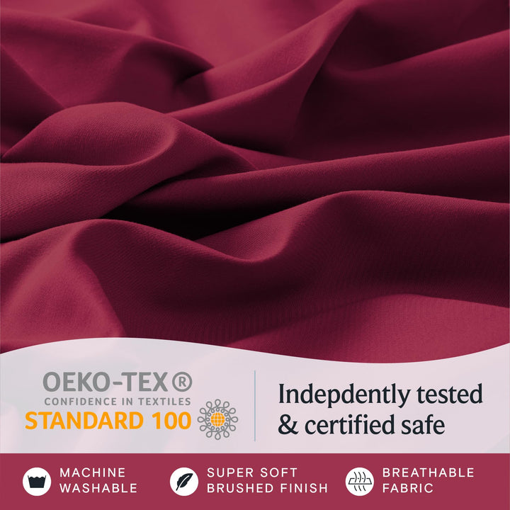 a close up of a fabric with text: 'OEKO-TEX Indepdently tested CONFIDENCE IN TEXTILES STANDARD 100 & certified safe MACHINE SUPER SOFT BREATHABLE WASHABLE BRUSHED FINISH FABRIC'