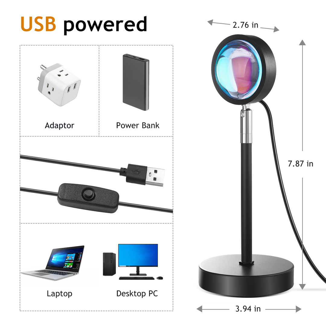 a close up of a lamp with text: 'USB powered 2.76 in Adaptor Power Bank 7.87 in Laptop Desktop PC 3.94 in'