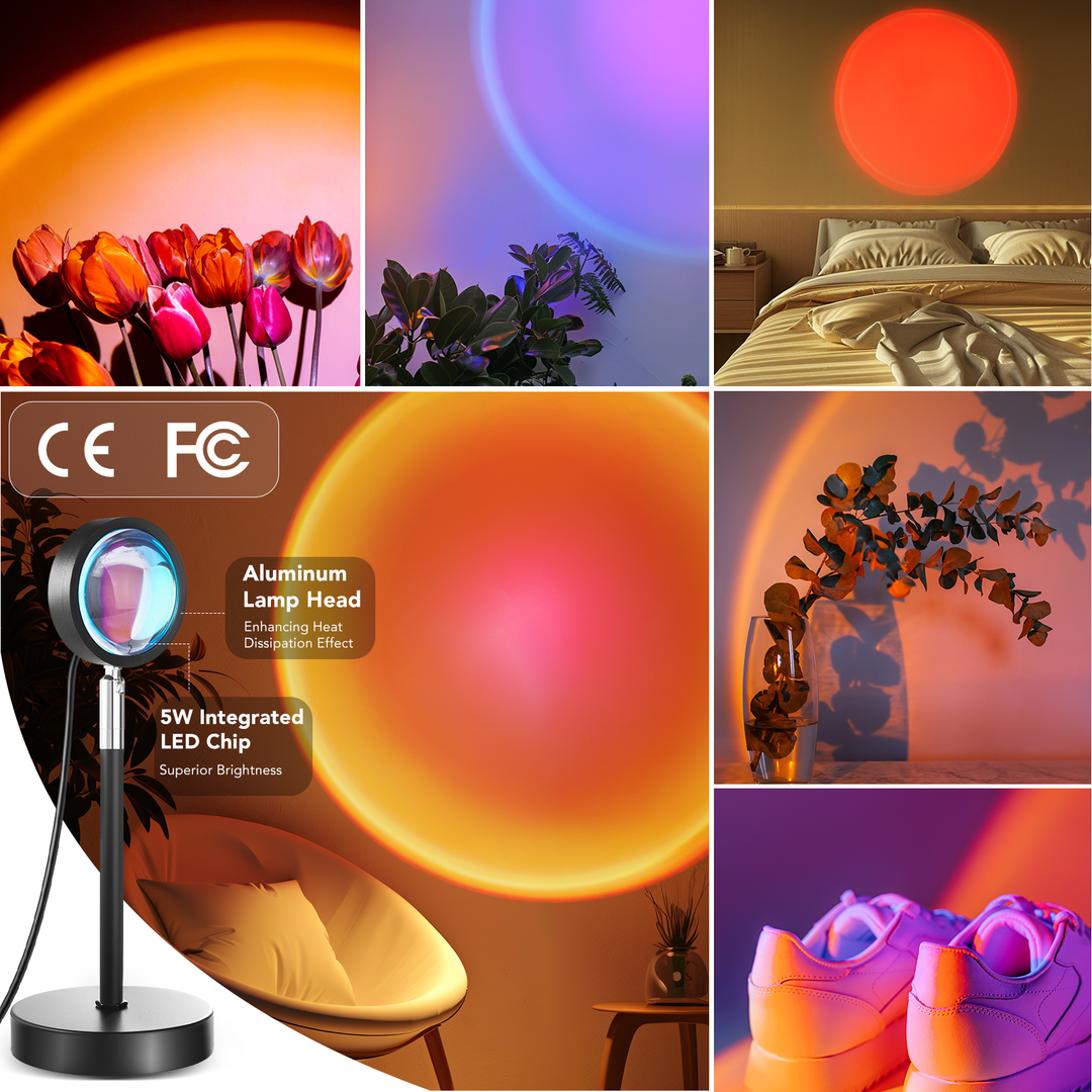 a collage of images of a room with a lamp and flowers with text: 'CE FC Aluminum Lamp Head Enhancing Heat Dissipation Effect 5W Integrated LED Chip Superior Brightness'