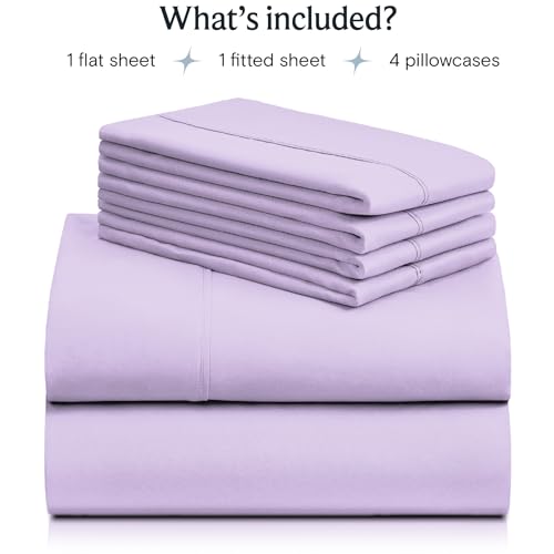 a stack of purple sheets with text: 'What's included? 1 flat sheet 1 fitted sheet 4 pillowcases'