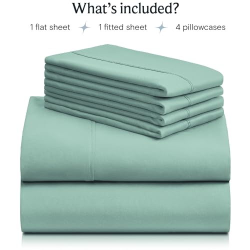 a stack of folded sheets with text: 'What's included? 1 flat sheet 1 fitted sheet 4 pillowcases'