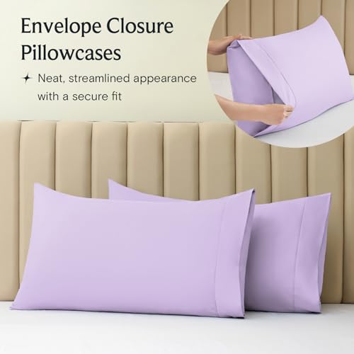 a close-up of a pillow case with text: 'Envelope Closure Pillowcases Neat, streamlined appearance with a secure fit'