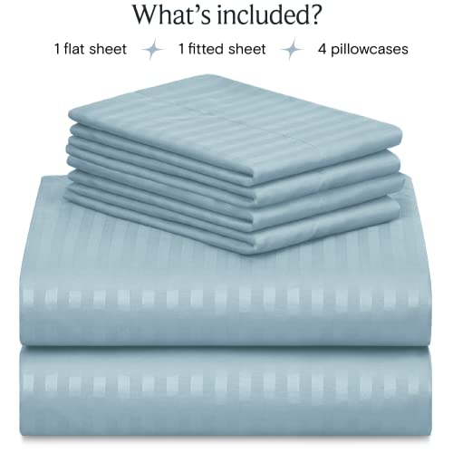 a stack of bed sheets with text: 'What's included? 1 flat sheet 1 fitted sheet 4 pillowcases'