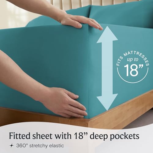 a person holding a mattress with text: 'RESSES FITS MA 18 Fitted sheet with 18" deep pockets 360º stretchy elastic'