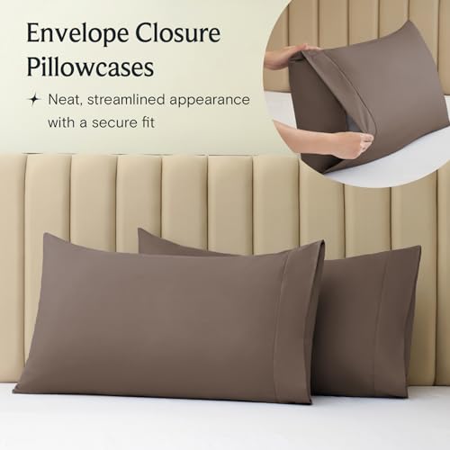 a close-up of a pillow case with text: 'Envelope Closure Pillowcases Neat, streamlined appearance with a secure fit'