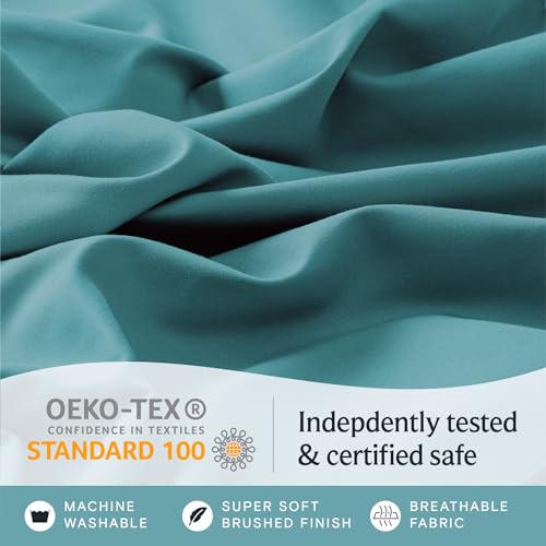 a close up of a fabric with text: 'OEKO-TEX Indepdently tested CONFIDENCE IN TEXTILES STANDARD 100 & certified safe MACHINE SUPER SOFT BREATHABLE WASHABLE BRUSHED FINISH FABRIC'