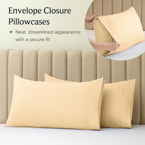 a close-up of a pillow case with text: 'Envelope Closure Pillowcases Neat, streamlined appearance with a secure fit'