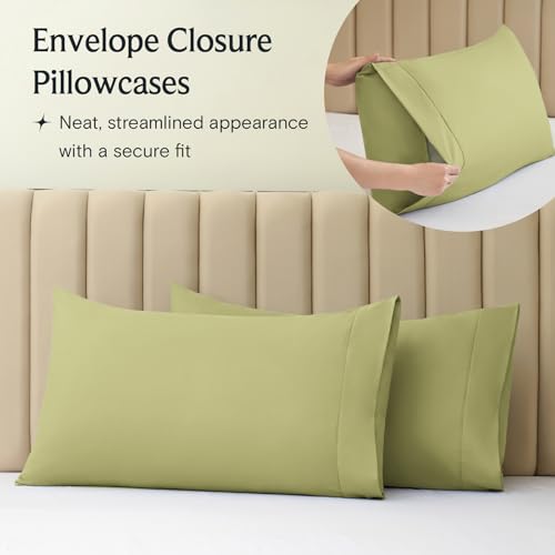 a close-up of a pillow case with text: 'Envelope Closure Pillowcases Neat, streamlined appearance with a secure fit'