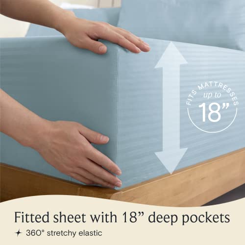 a person's hands holding a mattress with text: 'RESSES up to FITS M 18' Fitted sheet with 18" deep pockets 360º stretchy elastic'