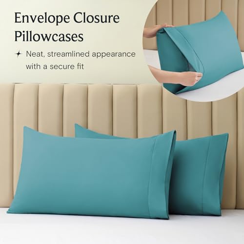 a close-up of a pillow case with text: 'Envelope Closure Pillowcases Neat, streamlined appearance with a secure fit'