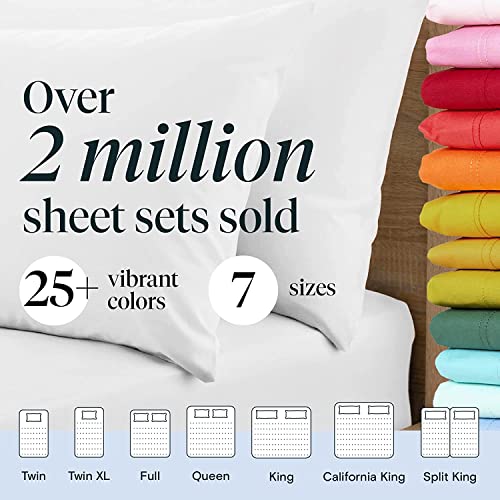 a stack of colorful sheets with text: 'Over 2 million sheet sets sold 25 1 vibrant 7 colors sizes ..... ..... ............ Twin Twin XL Full Queen King California King Split King'