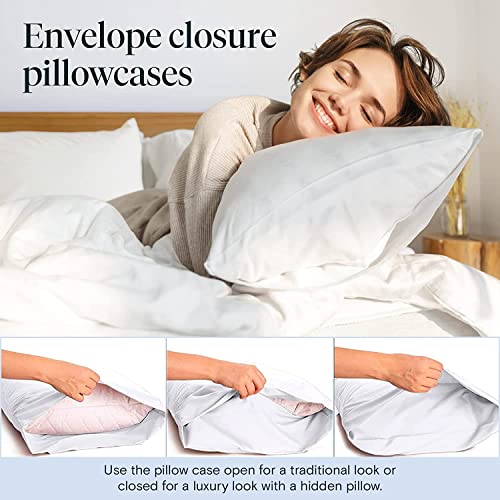 a person lying in bed with a pillow with text: 'Envelope closure pillowcases Use the pillow case open for a traditional look or closed for a luxury look with a hidden pillow.'