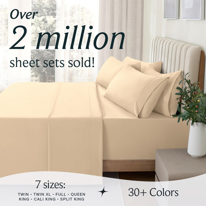 a bed with a plant in a vase with text: 'Over 2 million sheet sets sold! 7 sizes: 30+ Colors TWIN TWIN XL FULL QUEEN KING CALI KING SPLIT KING'