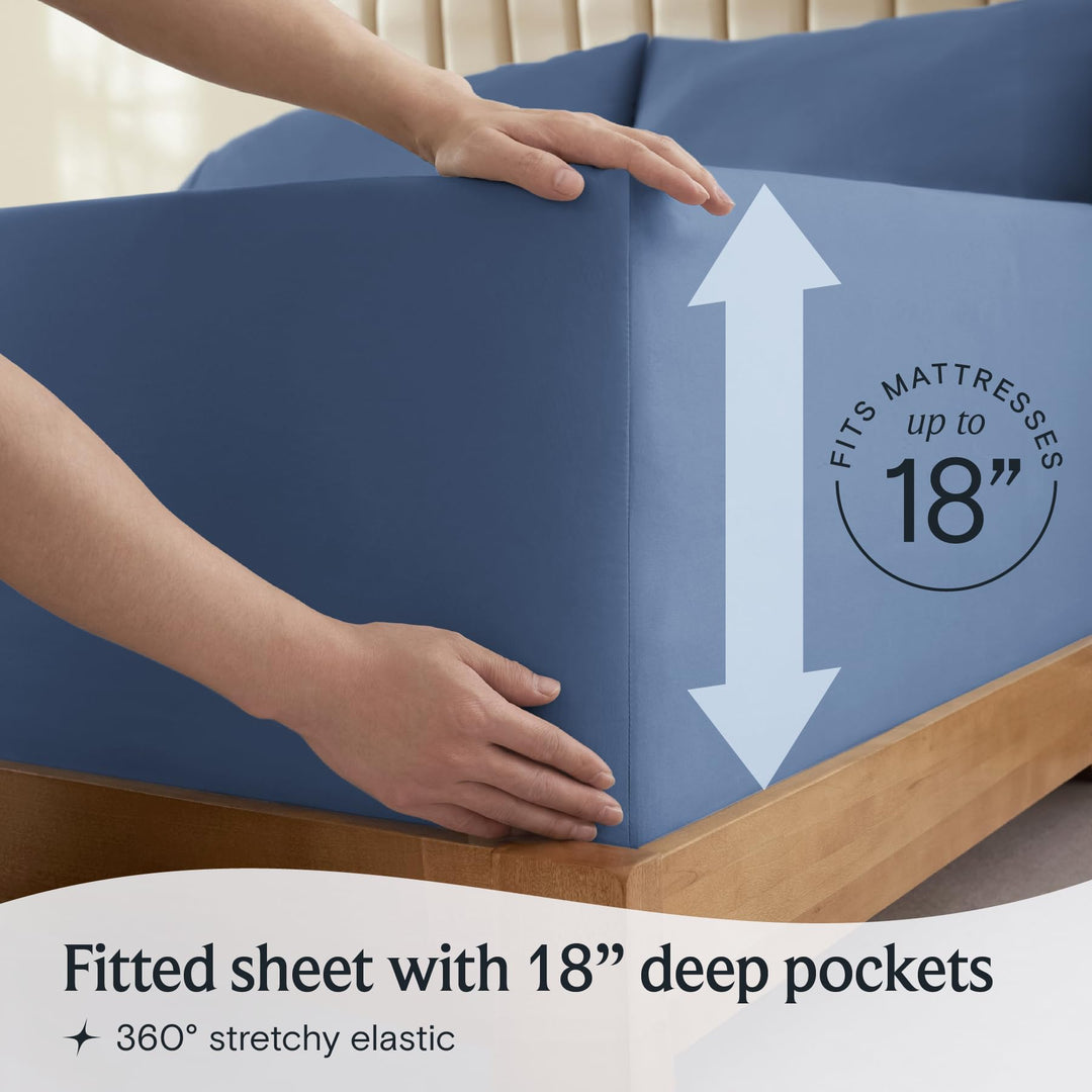 a person holding a mattress with text: 'RESSES FITS 18 Fitted sheet with 18" deep pockets 360º stretchy elastic'