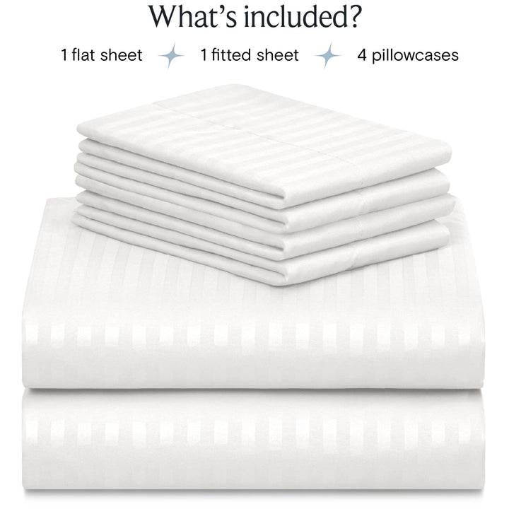 a stack of white sheets with text: 'What's included? 1 flat sheet 1 fitted sheet 4 pillowcases'